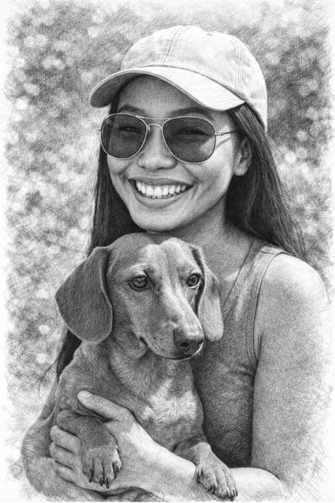 A black and white pencil sketch of a woman wearing a cap and sunglasses, smiling while holding a small brown dog.