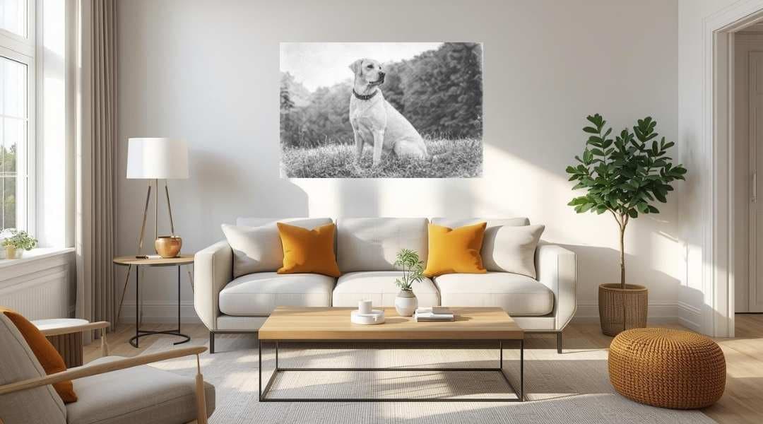 A bright, modern living room with a comfortable sofa and a dog portrait on the wall.